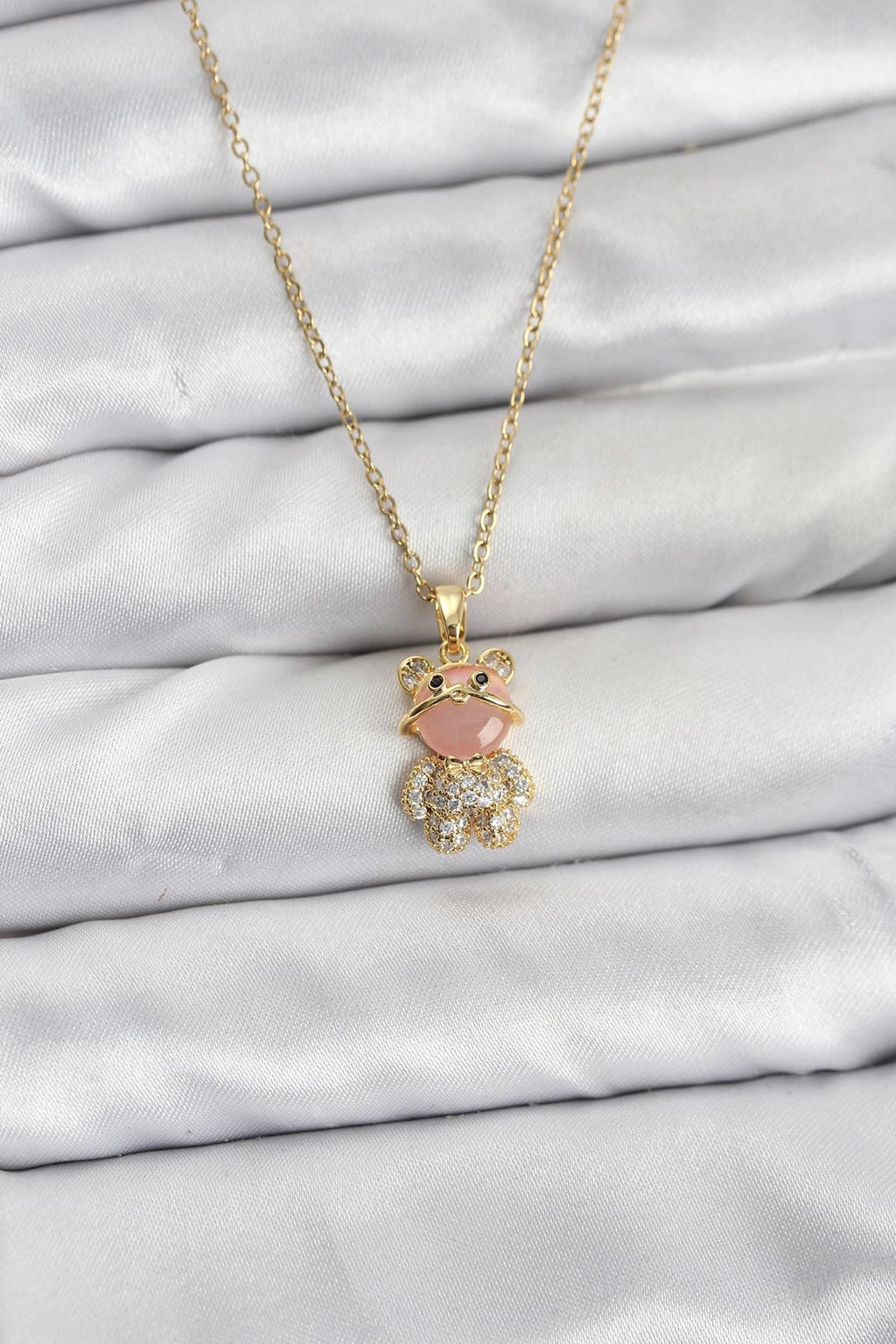 Mey İthalat® 316L Çelik Zincir Gold Renk Teddy Bear Model Zirkon Taşlı Kadın Kolye