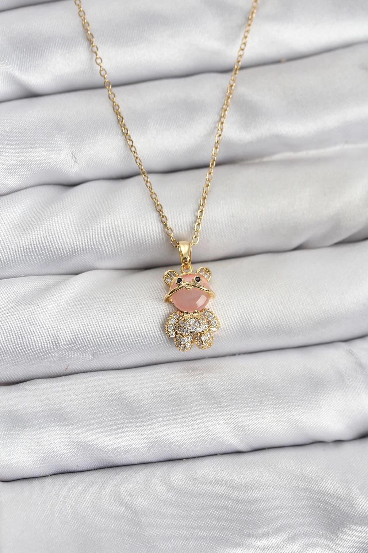 Mey İthalat® 316L Çelik Zincir Gold Renk Teddy Bear Model Zirkon Taşlı Kadın Kolye