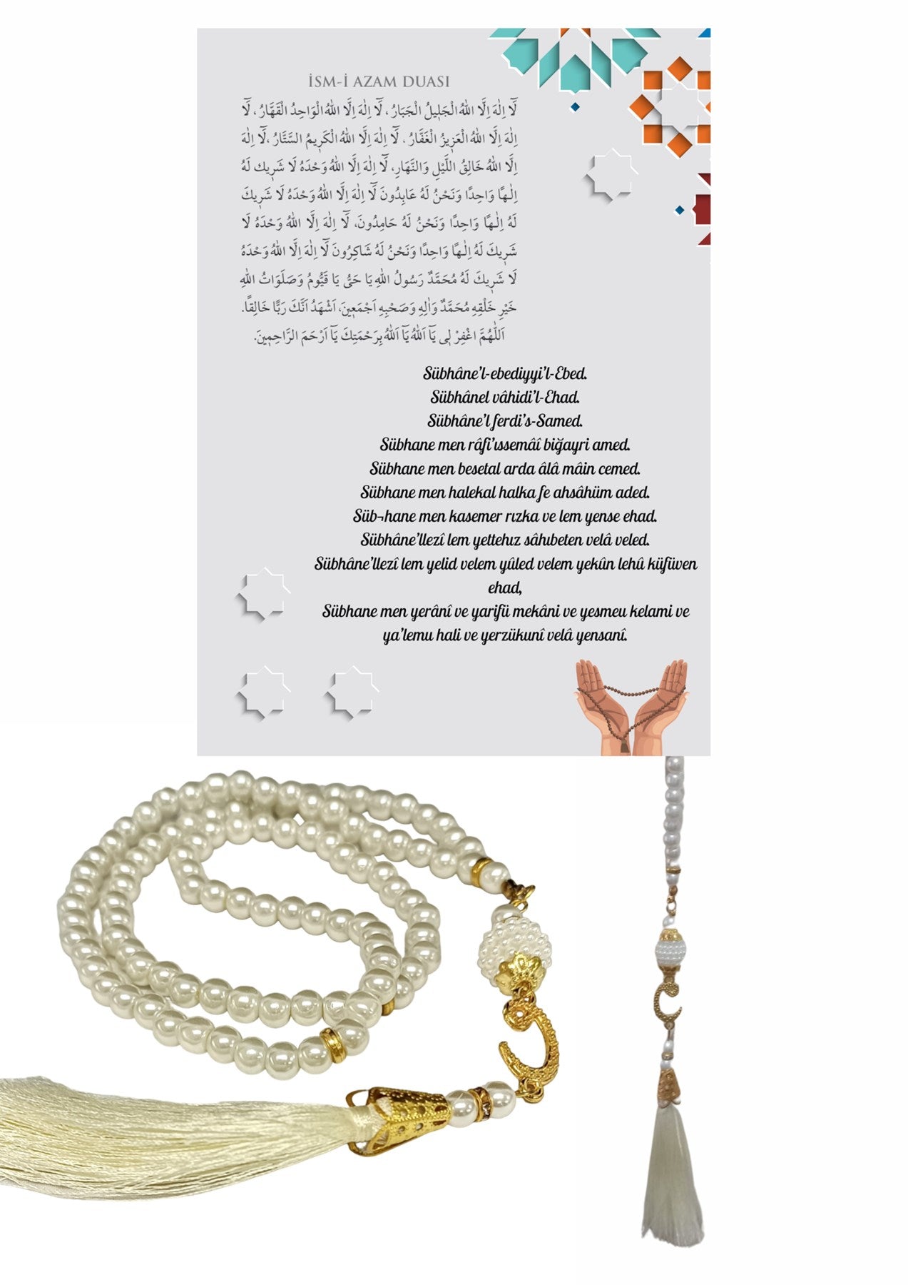 Namaz Tesbihi Vavlı 99'lu Cam İncili İsmi Azam Dua Kartı İle Krem Renk Hediyelik