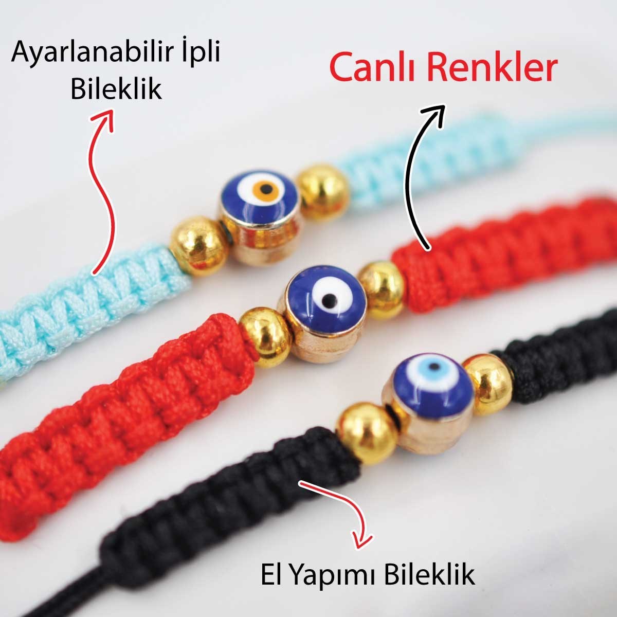 Nazar Boncuklu Kırmızı Mavi Siyah Renkli Ayarlanabilir Örgülü Hediyelik Bijuteri Elyapım İp