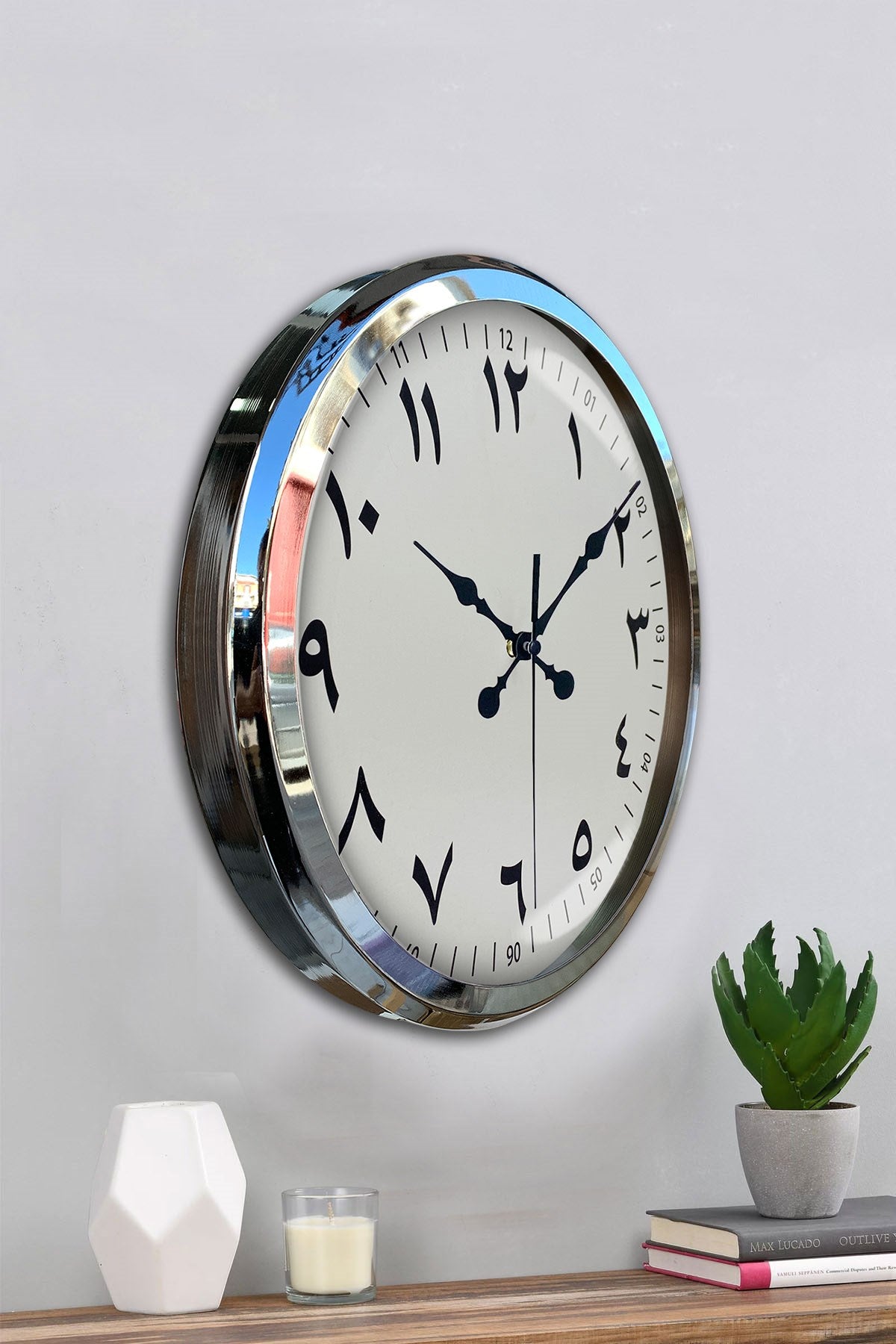 Arapça Rakamlı Krom 52 Cm Metal Duvar Saati