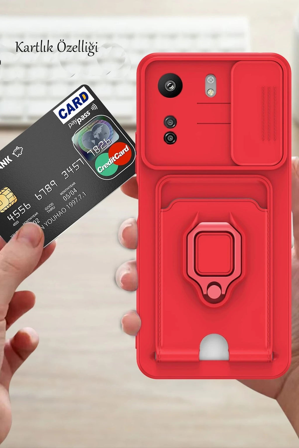 Mey İthalat® Redmi 13C Kılıf Zuma Kartvizitli Yüzüklü Silikon - Yeşil