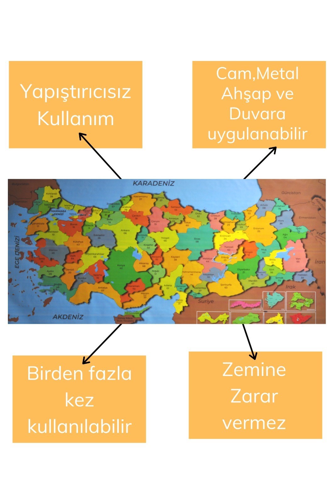 Renkli Türkiye Haritası Manyetik Yapıştırıcı Gerektirmeyen Duvar Stickerı 118 CM * 56 CM