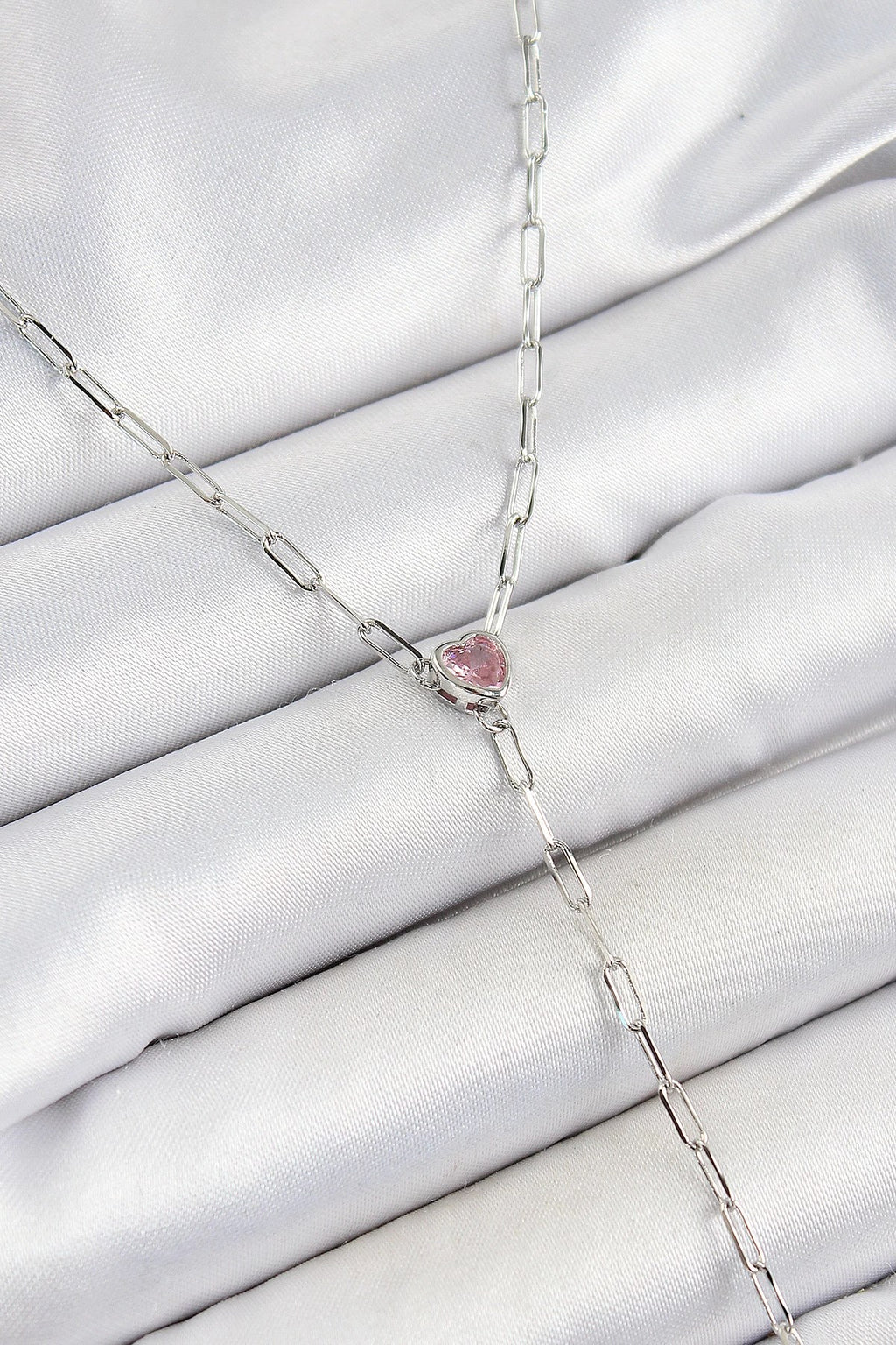 Mey İthalat® Pirinç Zirkon Taşlı Pembe Kalp Figürlü Y Model Gümüş Renk Kadın Kolye