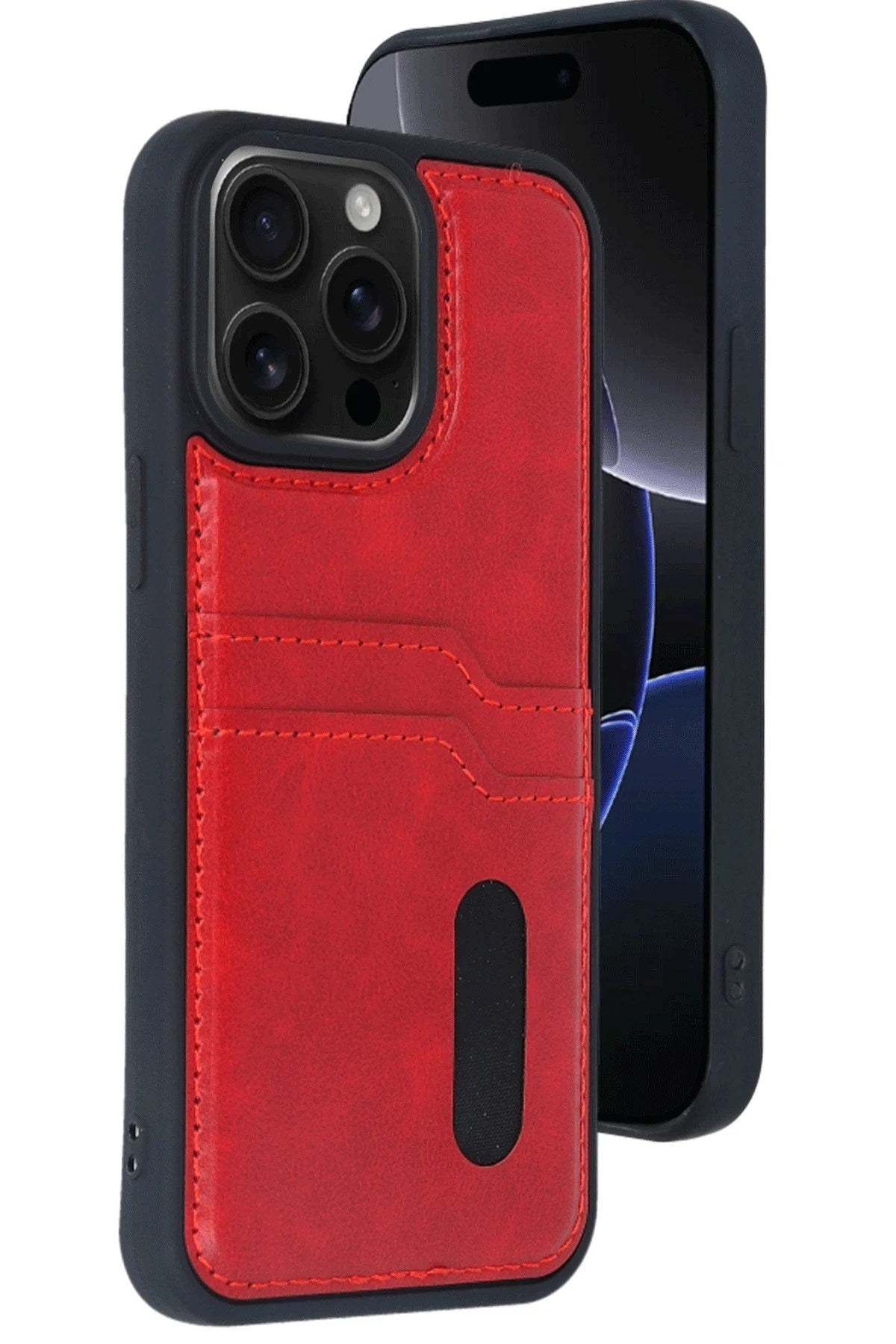Mey İthalat® iPhone 14 Pro Max Kılıf Sara Kartvizitli Deri Kılıf - Kırmızı