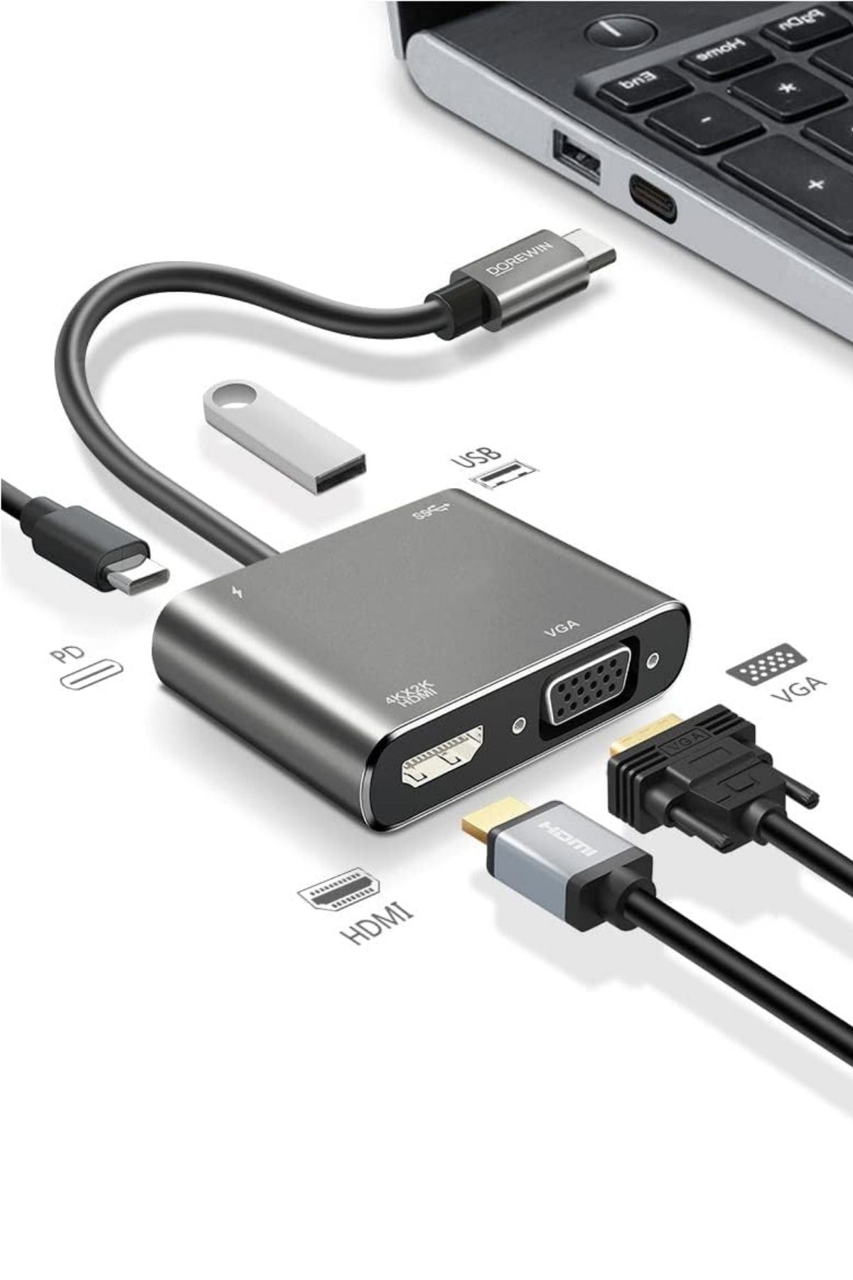 4’ü 1 Arada Type-C to Hub Dönüştürücü Adaptör – 4K Ultra HD HDMI & VGA Görüntü Aktarımı, PD Hızlı Şarj Destekli, USB Çoklayıcı