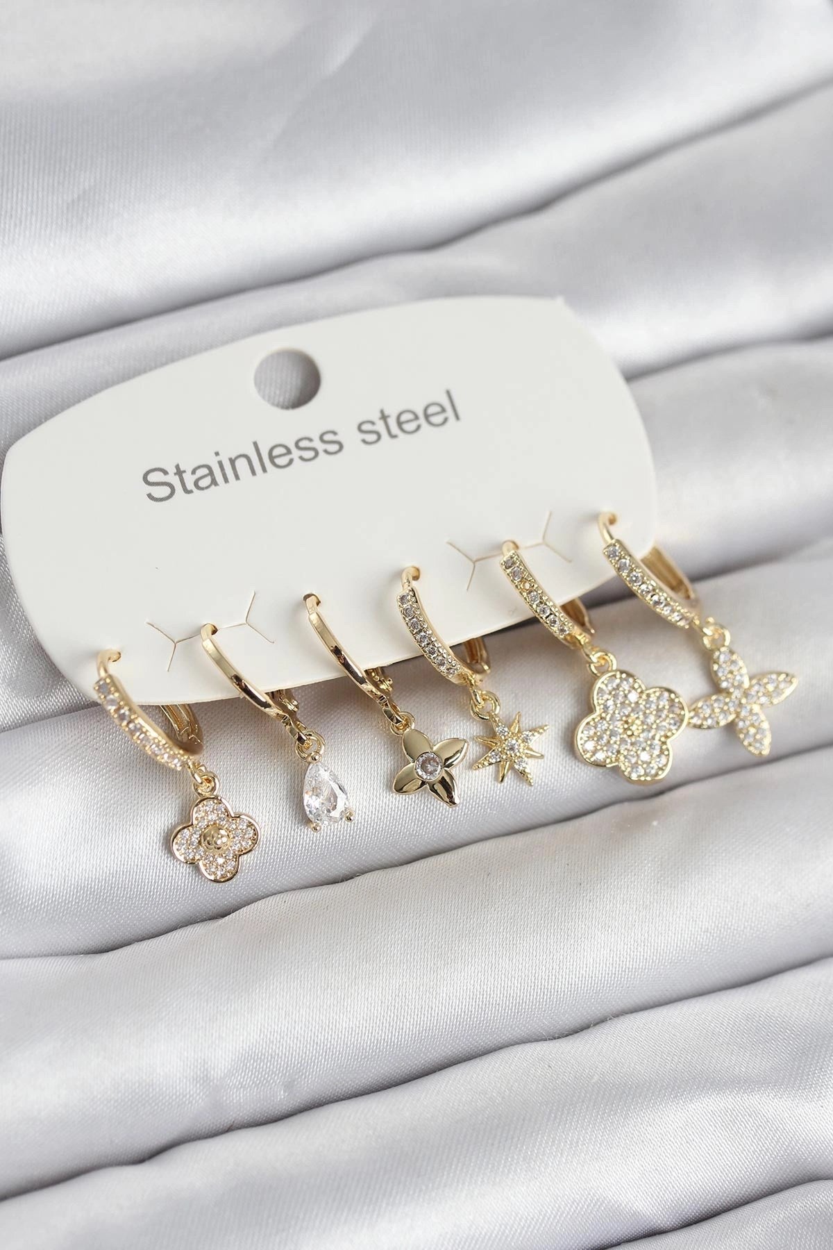 Mey İthalat® 316L Çelik Gold Renk 6'lı Set Yonca Model Kadın Küpe