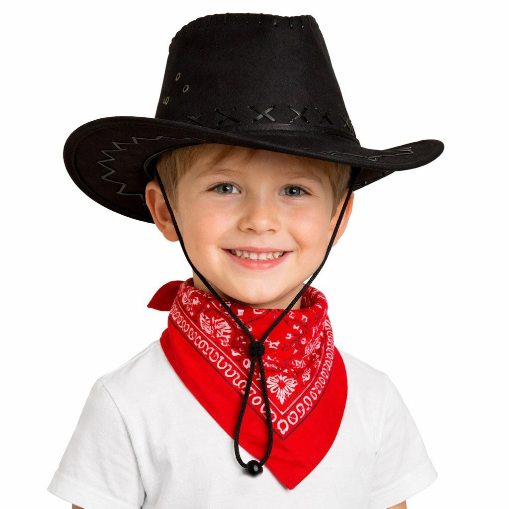 Mey İthalat® Çocuk Kovboy Şapka Siyah &amp; Kırmızı Bandana Fular Seti