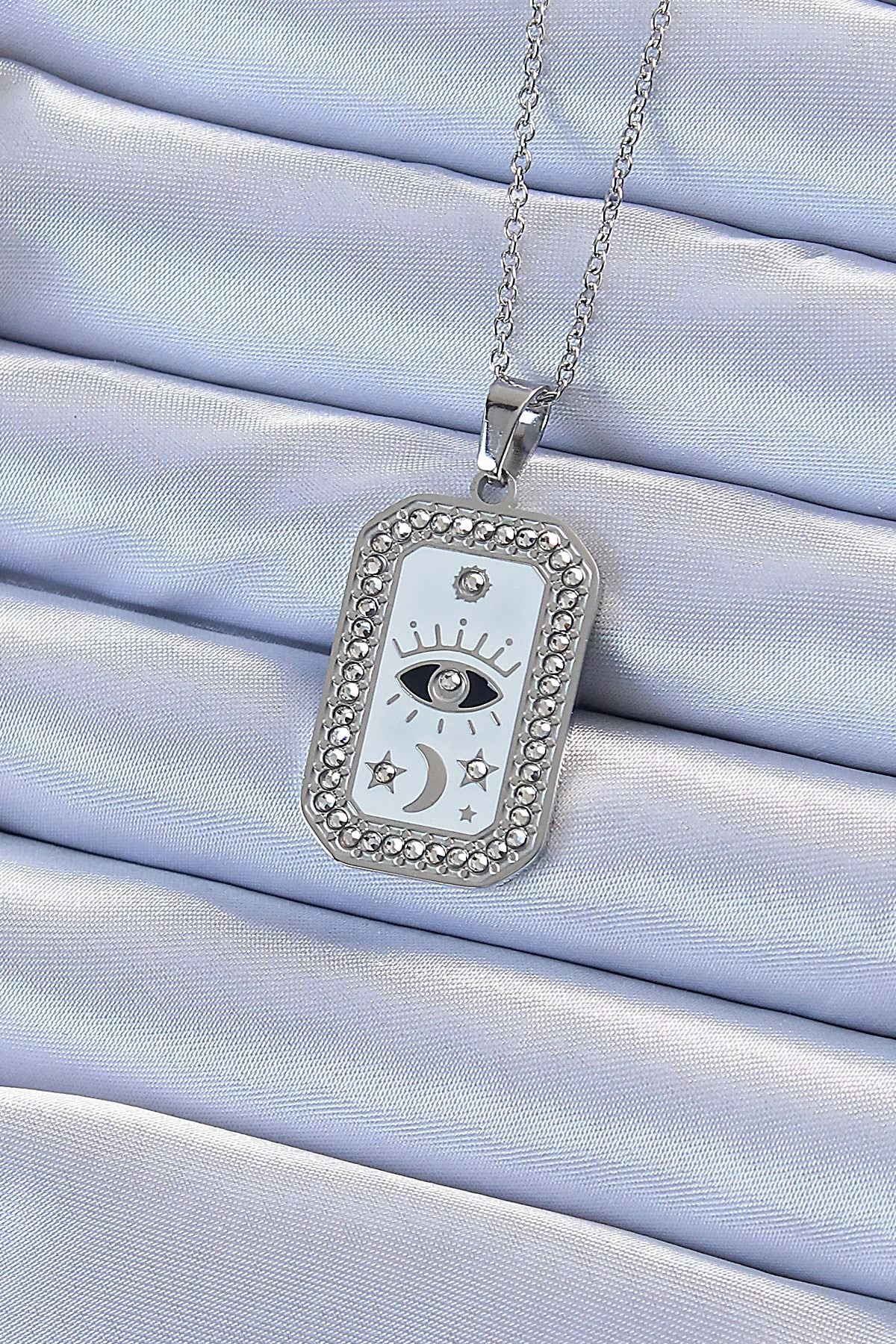 Mey İthalat® 316L Çelik Zincir Gümüş Renk Mineli Zirkon Taşlı Göz Figür Tarot Kolye