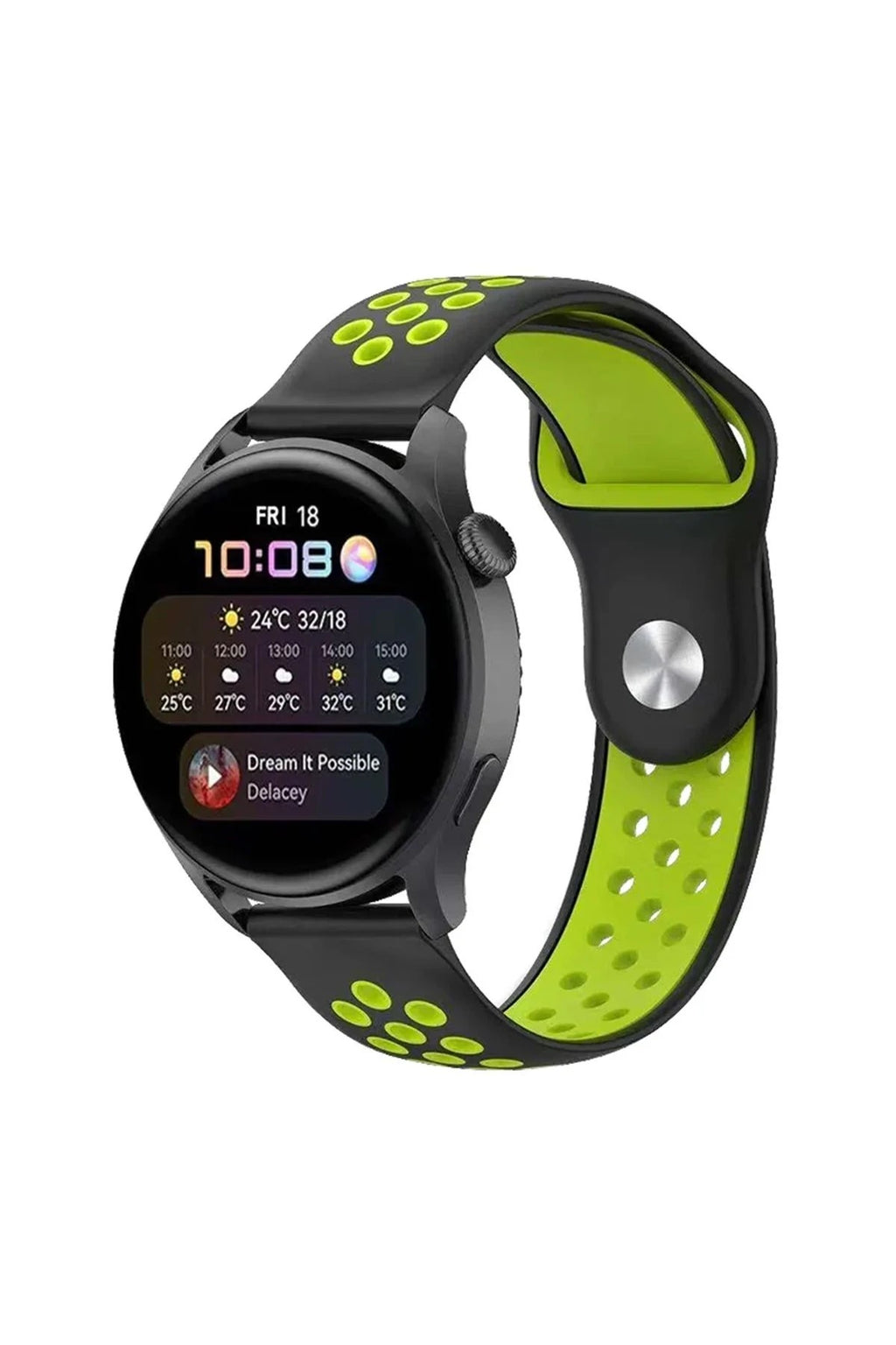 Mey İthalat® Watch 20mm Spor Delikli Kordon - Siyah-Yeşil