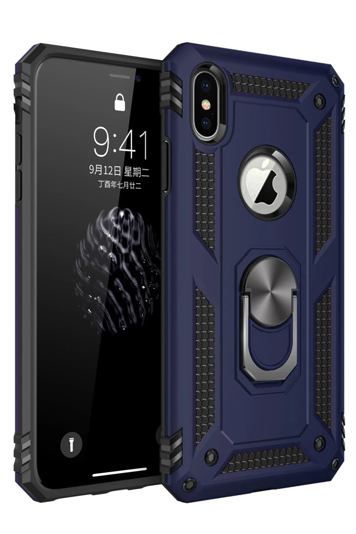 Mey İthalat® iPhone X Kılıf Sofya Yüzüklü Silikon Kapak - Lacivert