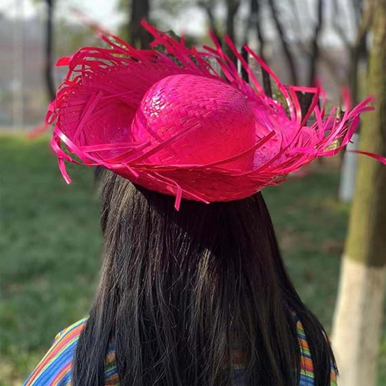 Mey İthalat® Tropikal Parti Pembe Fuşya Hasır Hawaii Şapkası 13x36 cm