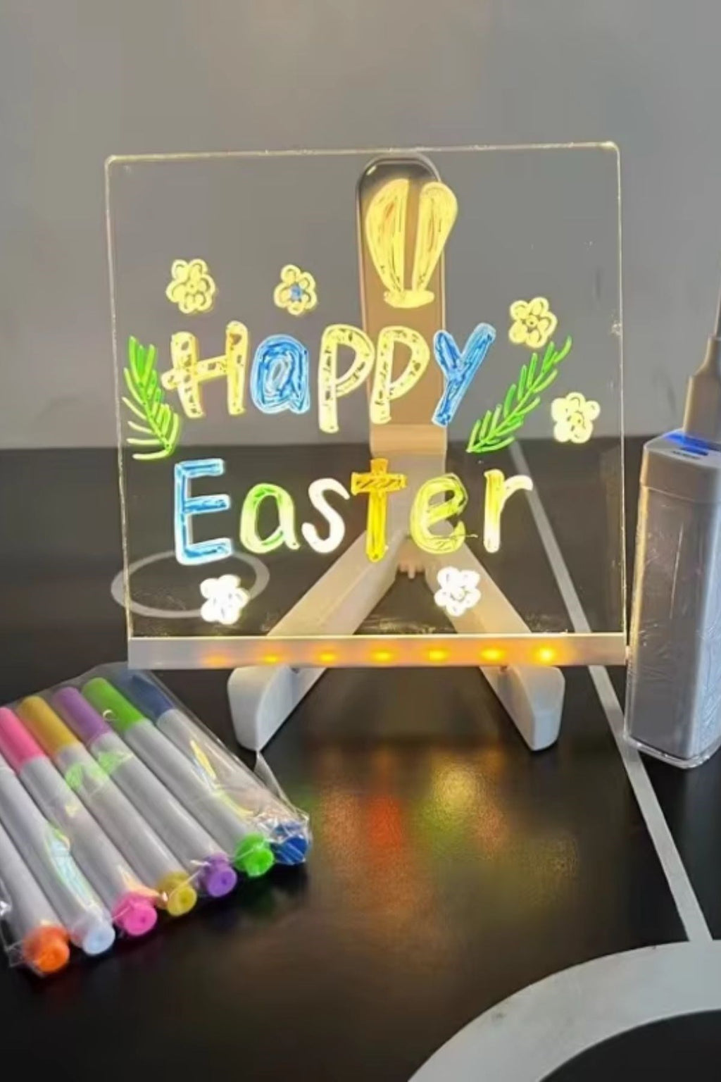 LED Işıklı Kendiliğinden Renkli Fosforlu Kalemli Kare Yazı Panosu 20x20 cm