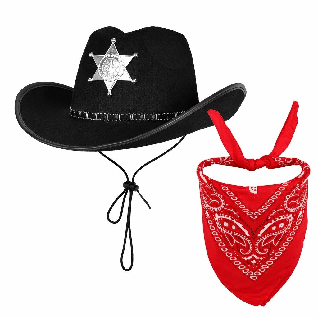 Mey İthalat® Çocuk Kovboy Şapka Rozetli Siyah &amp; Kırmızı Bandana Fular Seti