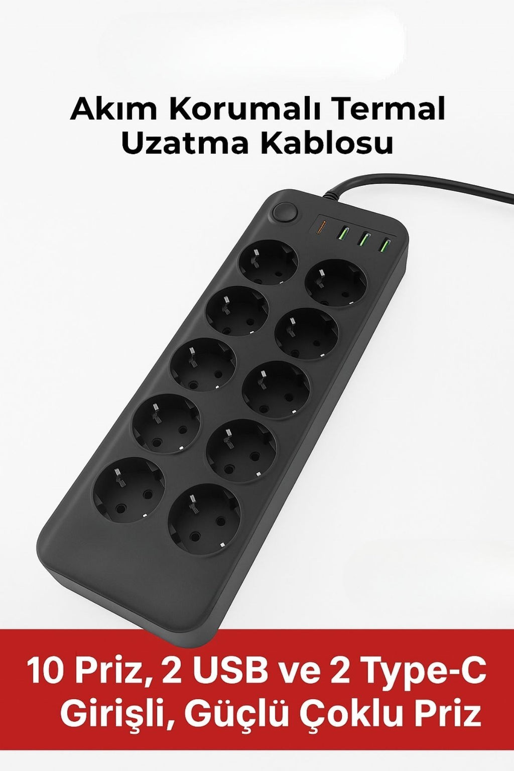 Akım Korumalı Termal Uzatma Kablosu – 10 Priz, 2 USB ve 2 Type-C Girişli, Güçlü Çoklu Priz