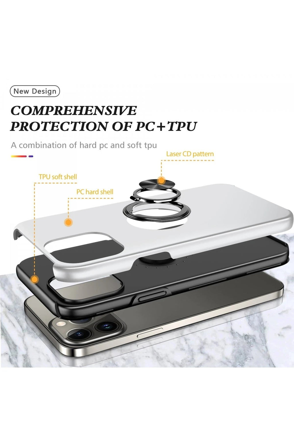 Mey İthalat® iPhone 13 Pro Kılıf Elit Yüzüklü Kapak - Gümüş