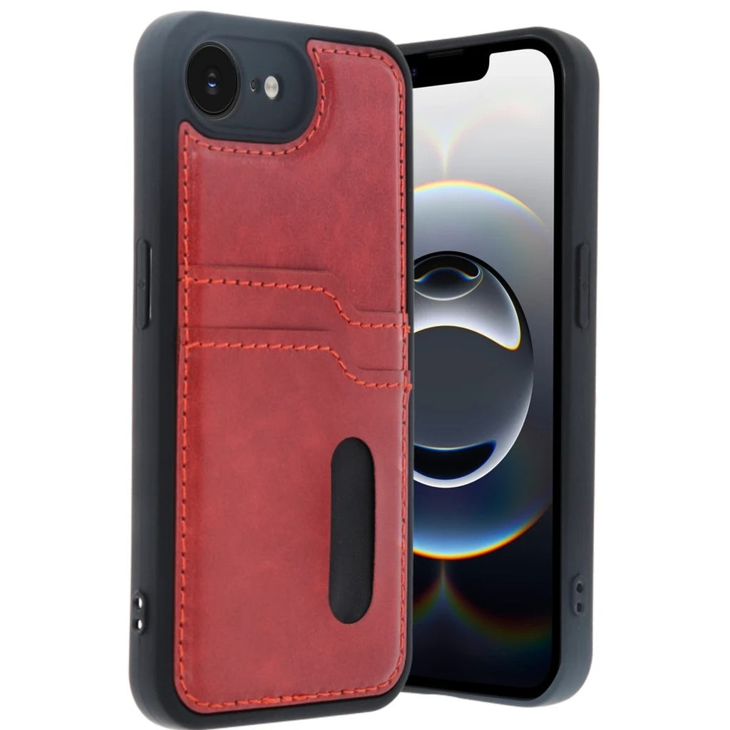 Mey İthalat® iPhone 16E Kılıf Sara Kartvizitli Deri Kılıf - Kırmızı