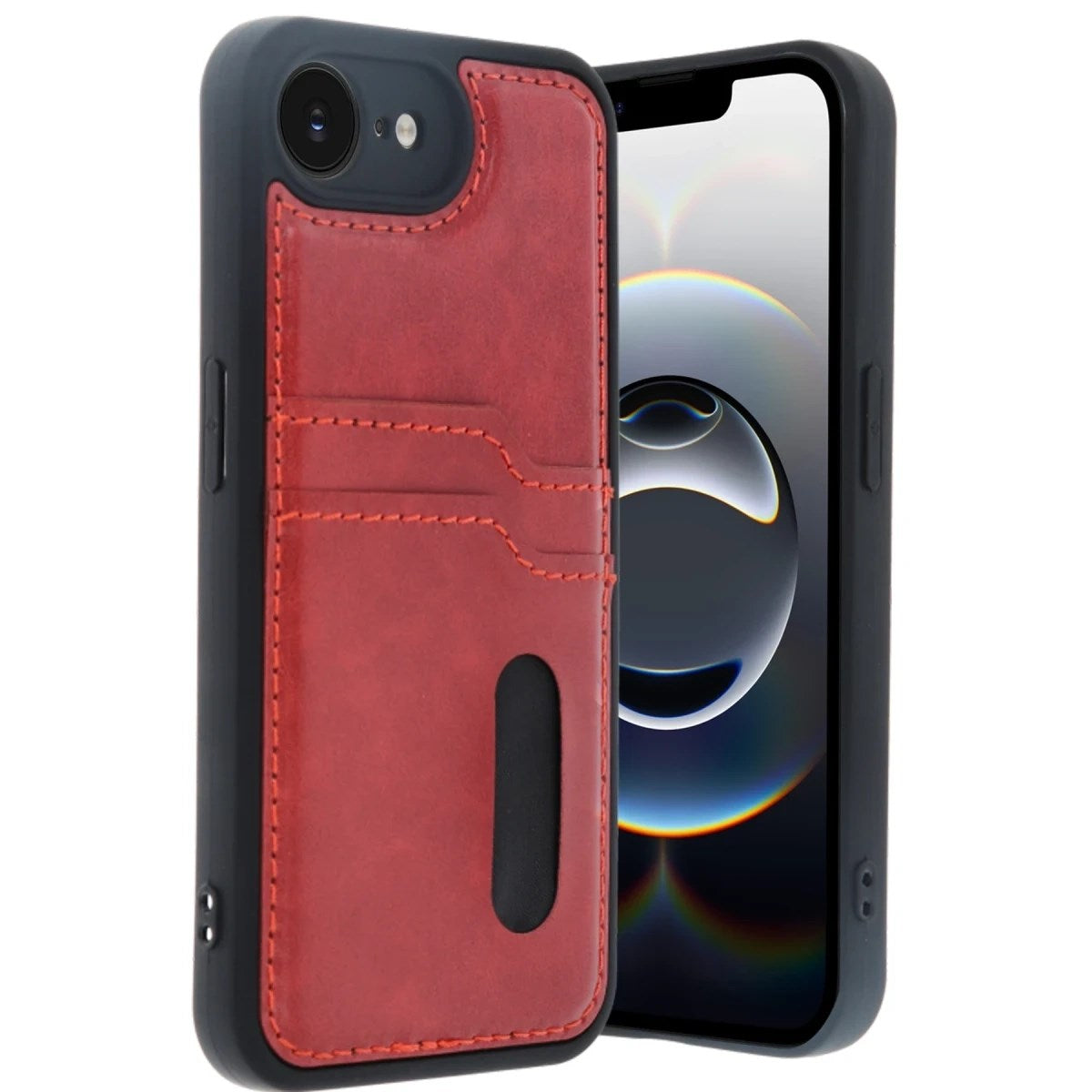 Mey İthalat® iPhone 16E Kılıf Sara Kartvizitli Deri Kılıf - Kırmızı
