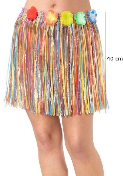 Mey İthalat® Yetişkin ve Çocuk Uyumlu Rengarenk Püsküllü Hawaii Luau Hula Etek 40 cm
