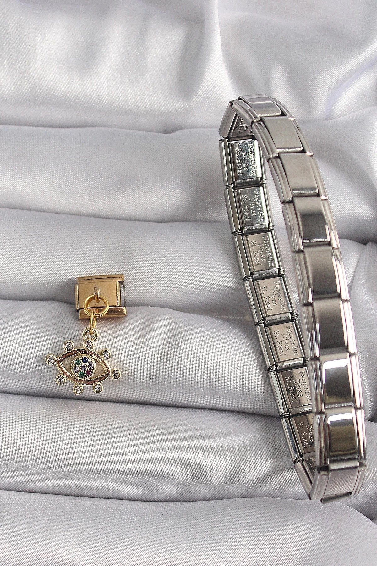 Mey İthalat® 316L Çelik Gold Renk Sallantı Zirkon Taşlı Göz Model Nomination Charm