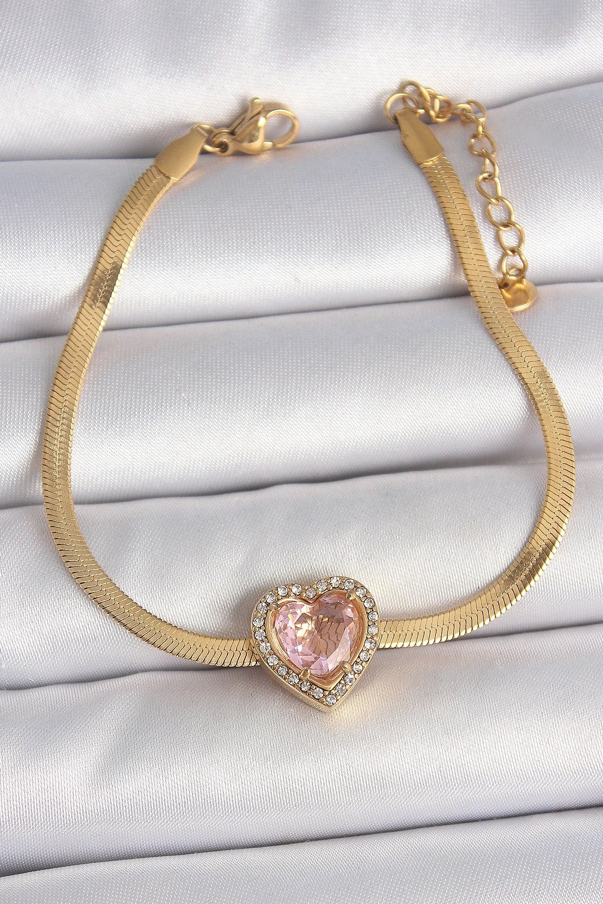 Mey İthalat® 316L Çelik Gold Renk İtalyan Zincir Pembe Zirkon Taşlı Kalp Model Kadın Bileklik