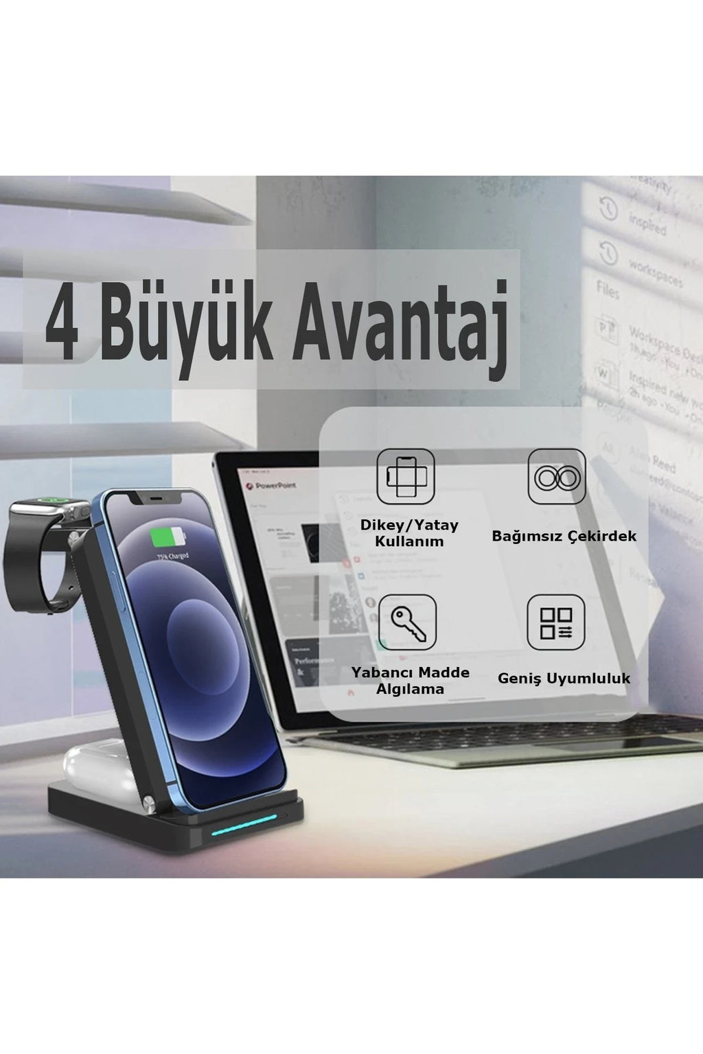Mey İthalat® S90 4in1 Kablosuz Şarj Masaüstü Set - Siyah