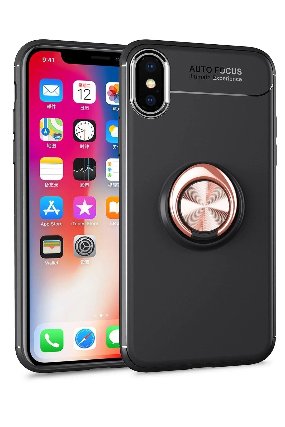 Mey İthalat® iPhone XS Max Kılıf Range Yüzüklü Silikon - Siyah-Gold