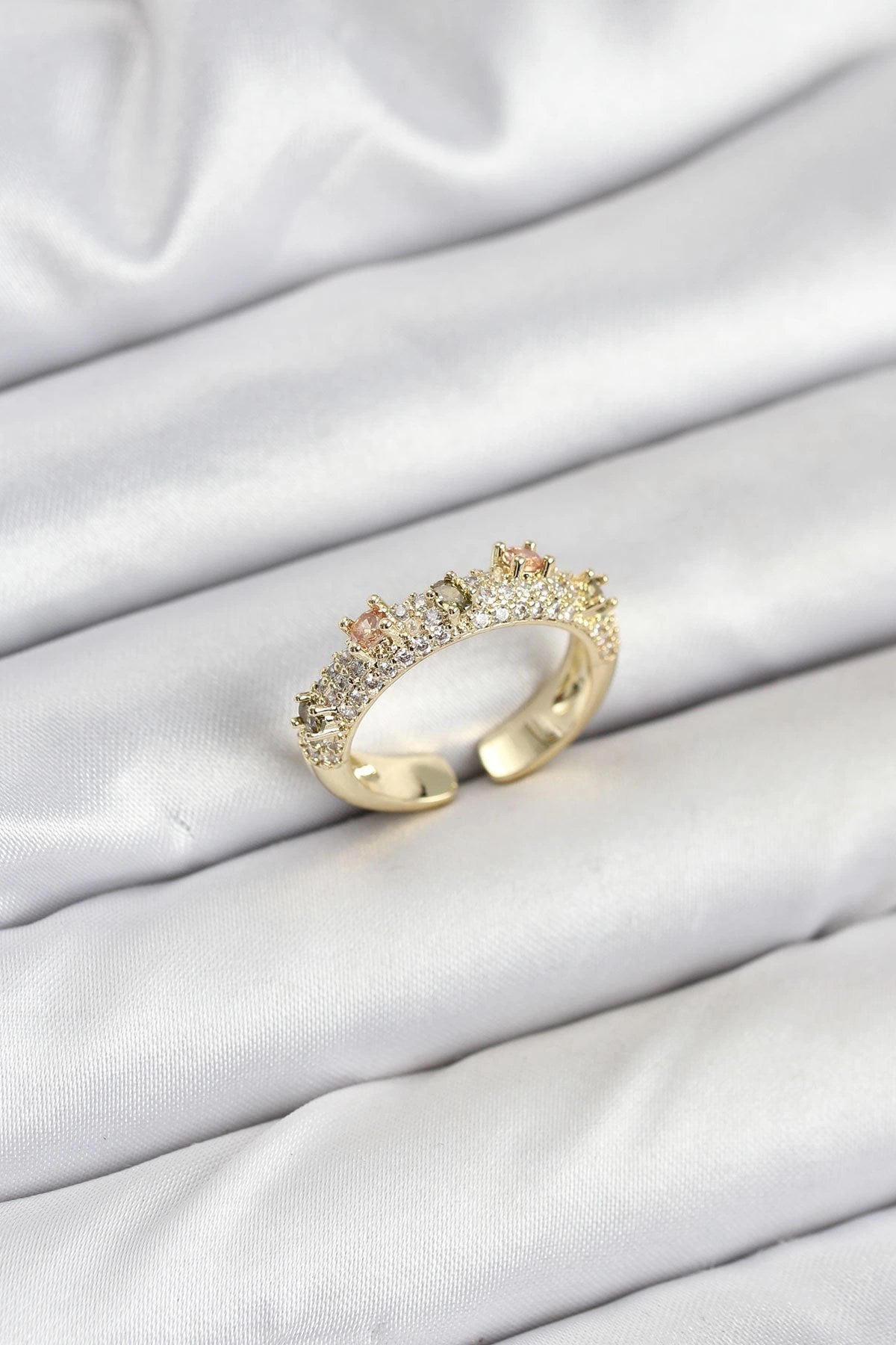 Mey İthalat® Pirinç Gold Renk Zirkon Taşlı Vintage Kadın Yüzük