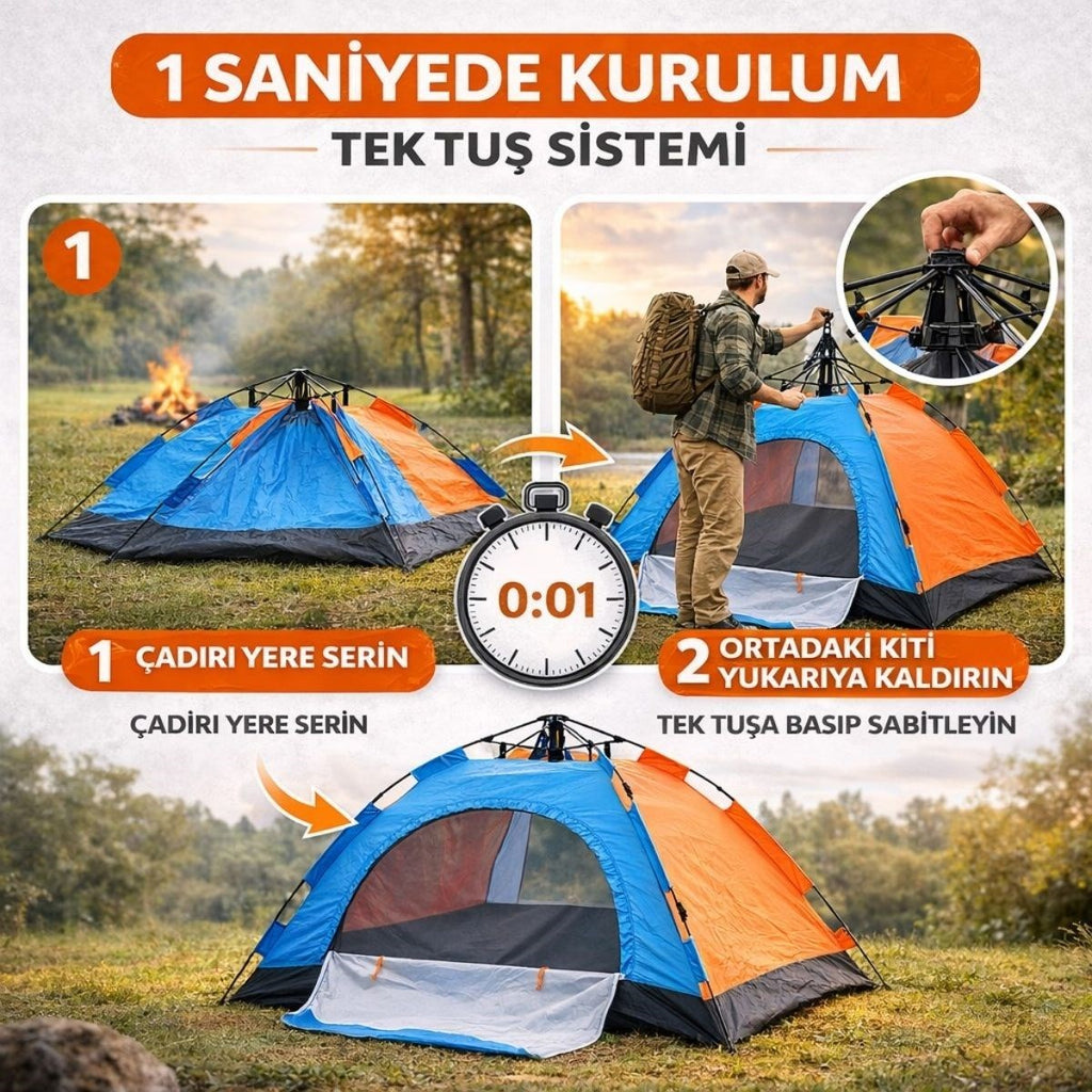 6 Kişilik Otomatik Kurulum Kamp Çadırı – Outdoor Aile, Doğa, Suya Dayanıklı Hızlı Kurulum Çadır 220x250x160 cm