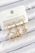 Mey İthalat® Pirinç Zirkon Taşlı Yıldız Ve Ay Model Gold Renk 3'lü Kadın Küpe Set