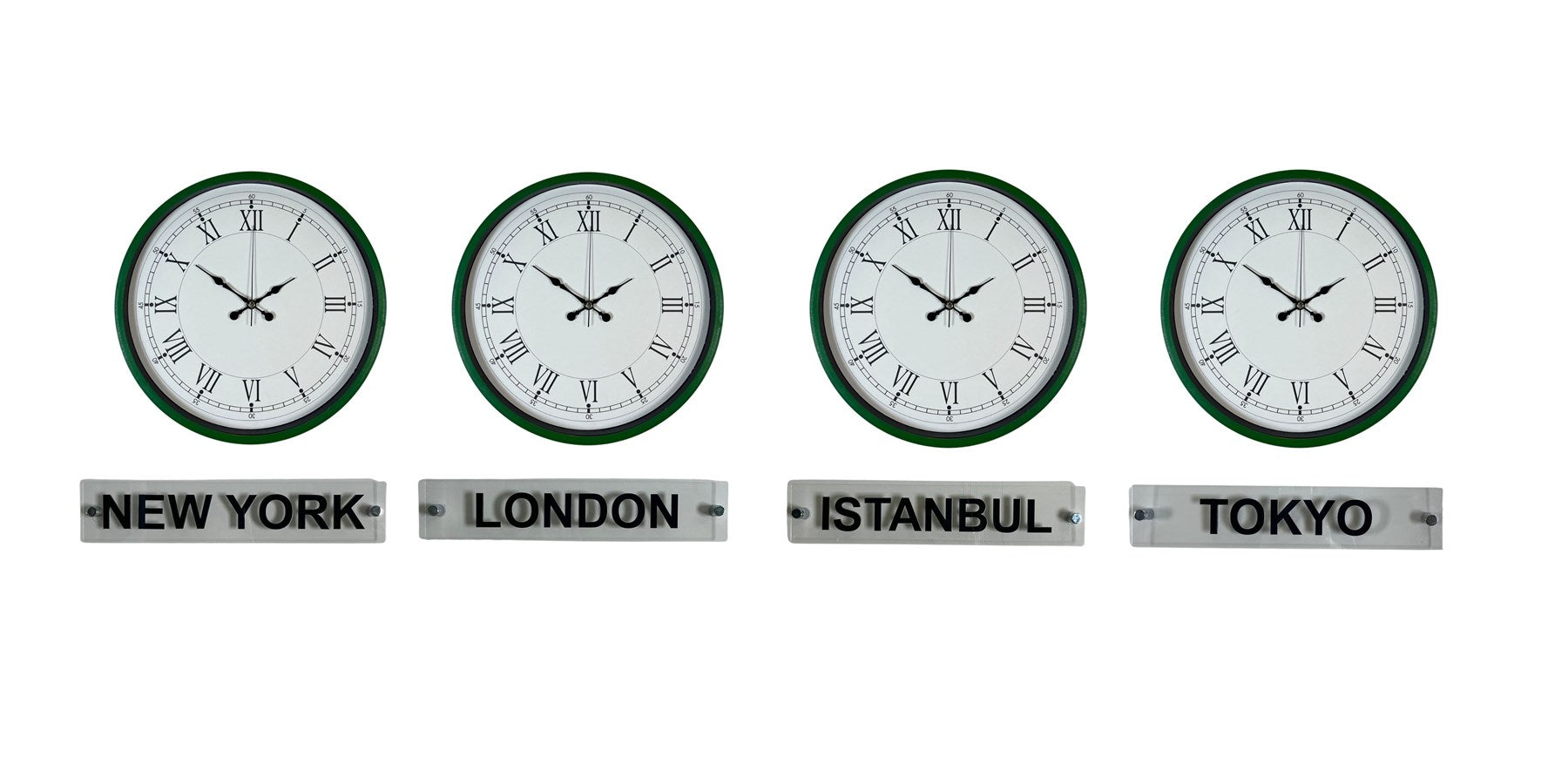 Modern Yeşil 36 Cm 4 lü Tabelalı Dünya Saatleri