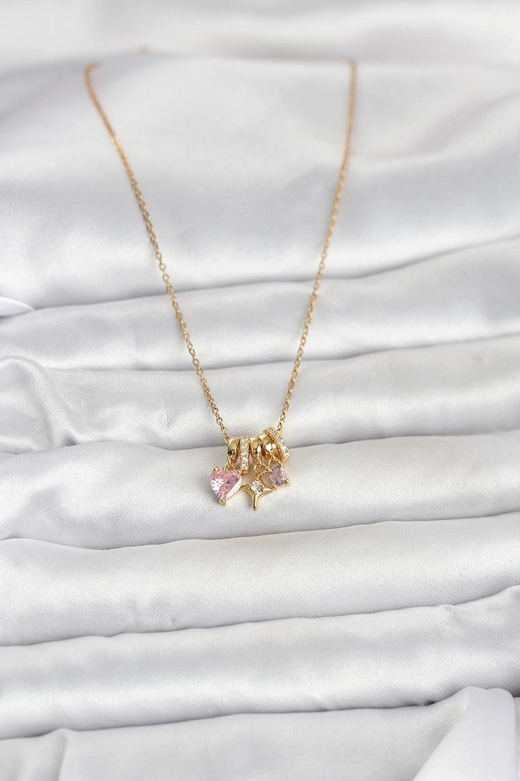 Mey İthalat® 316L Çelik Gold Pembe Zirkon Taşlı Charmlı Kadın Kolye