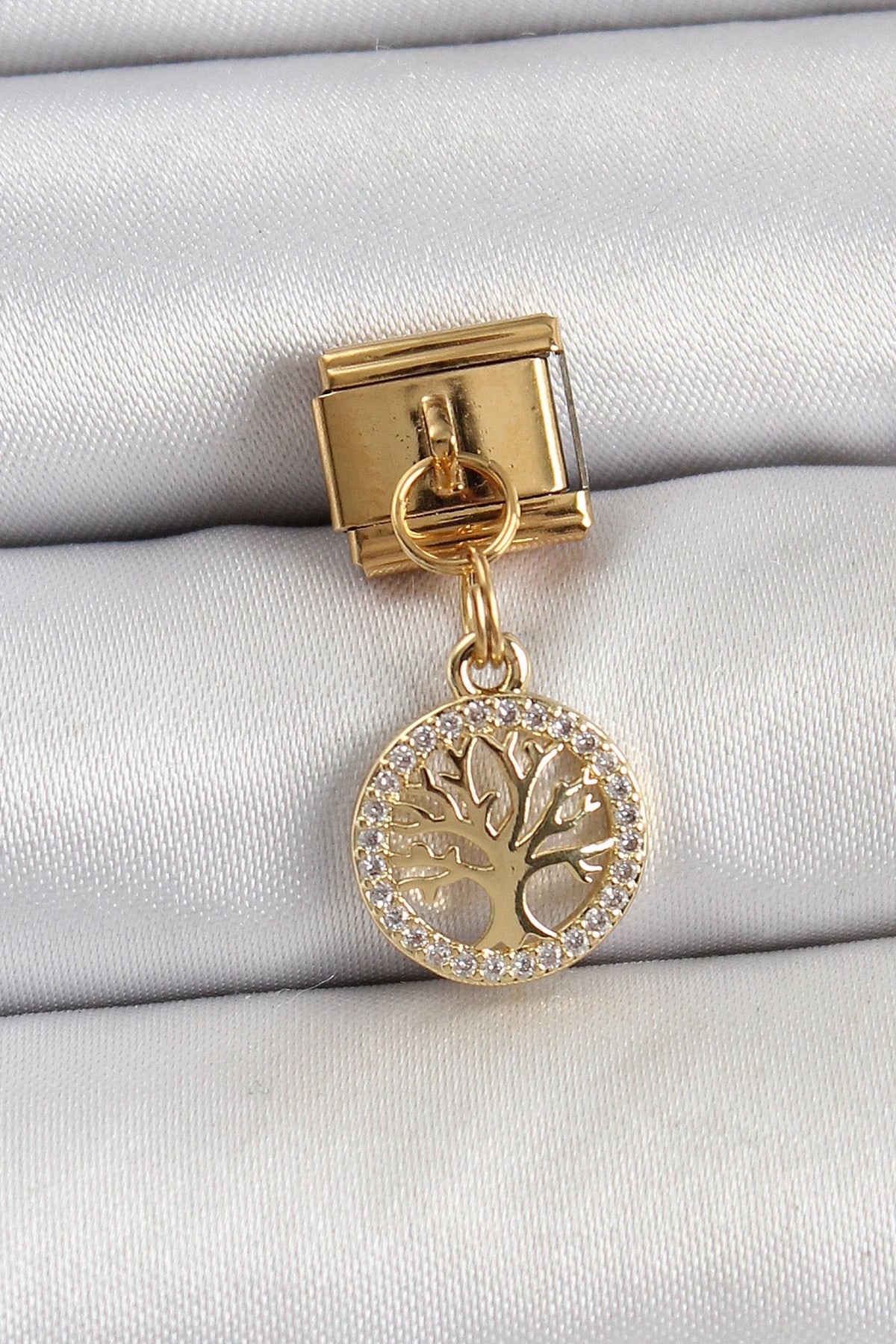 Mey İthalat® 316L Çelik Sallantılı Zirkon Taşlı Hayat Ağacı Model Gold Renk Nomination Charm