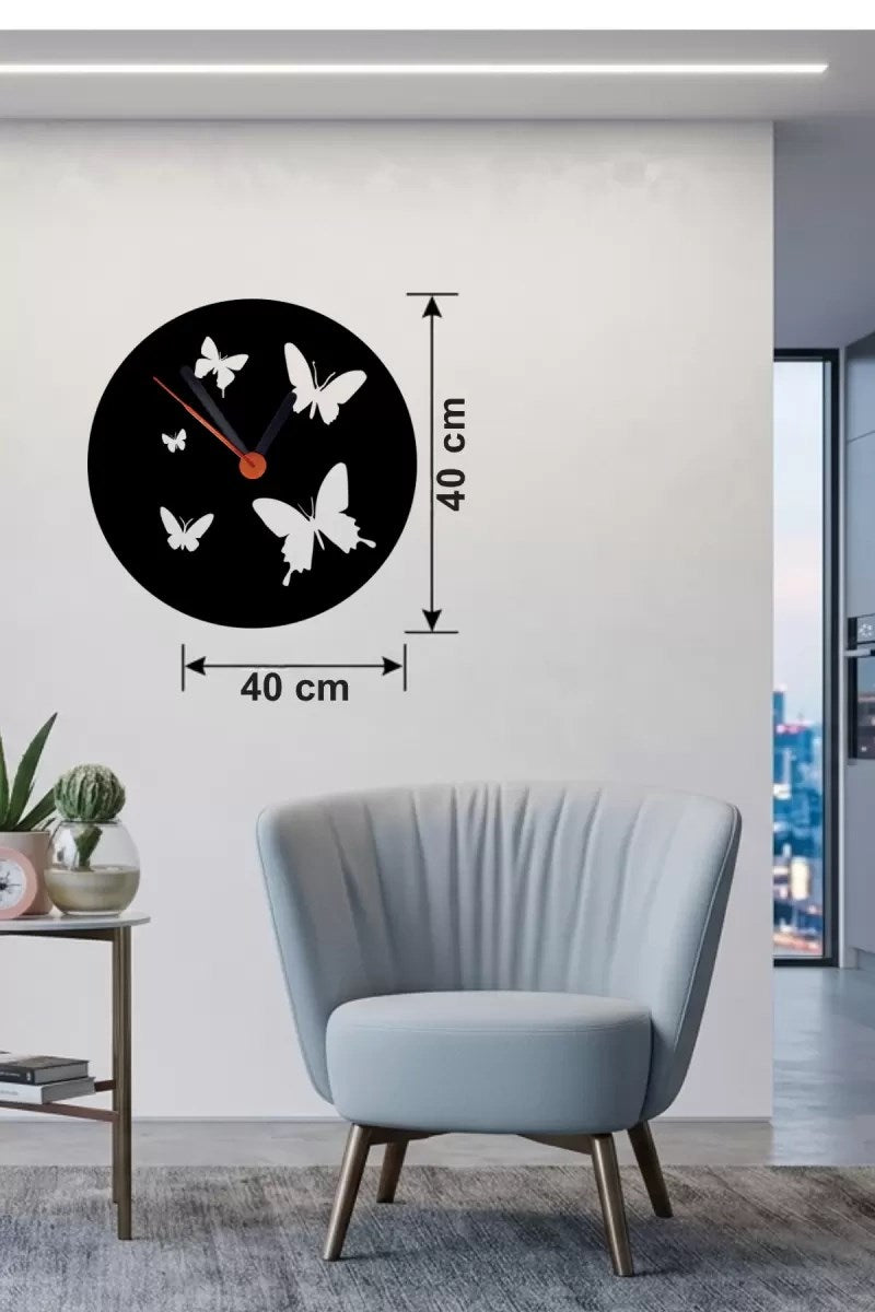 Mey İthalat® Uçuşan Kelebekler Tasarım Ahşap Duvar Saati - 40x40 cm Dekoratif