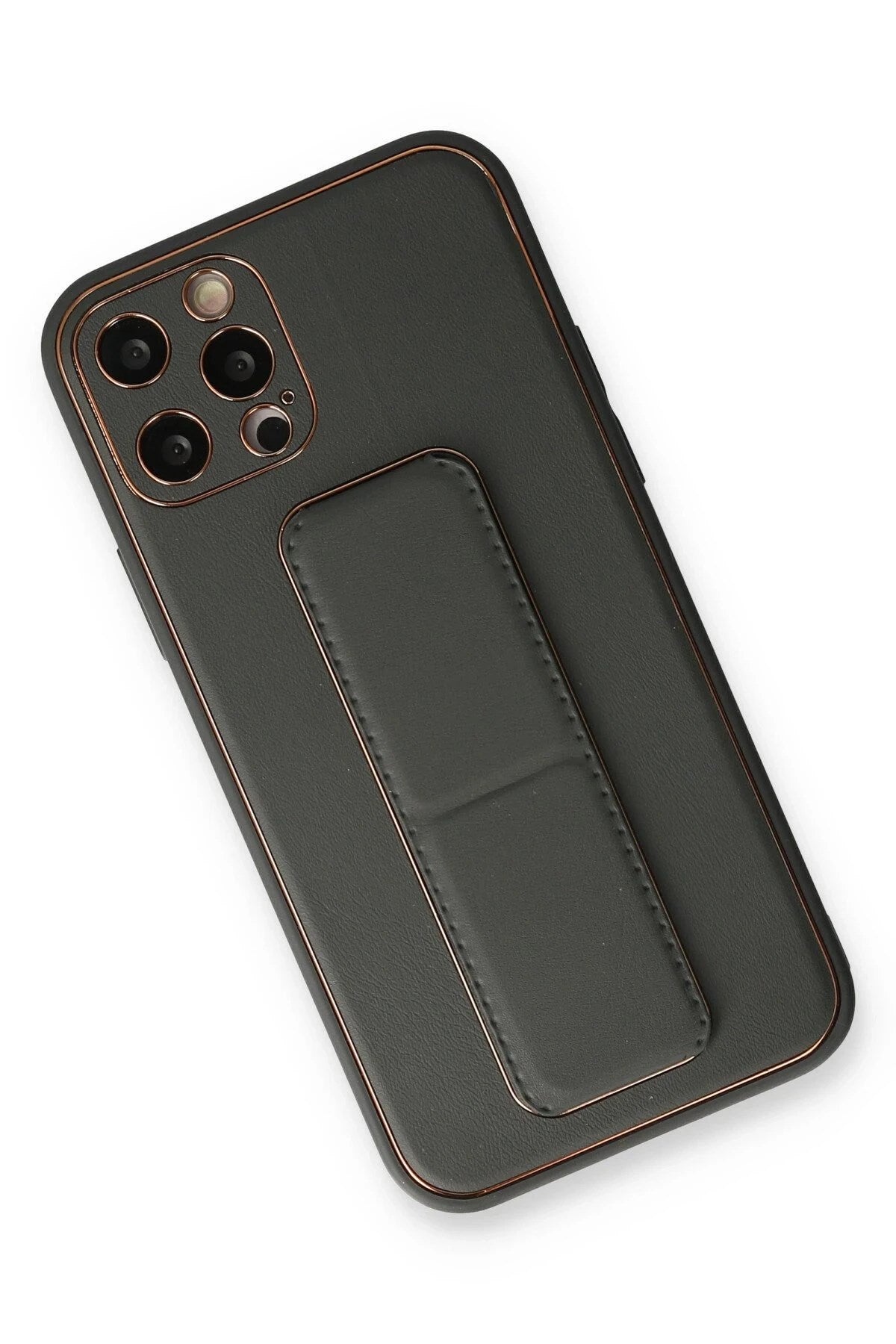 Mey İthalat® iPhone 12 Pro Kılıf Coco Deri Standlı Kapak - Füme