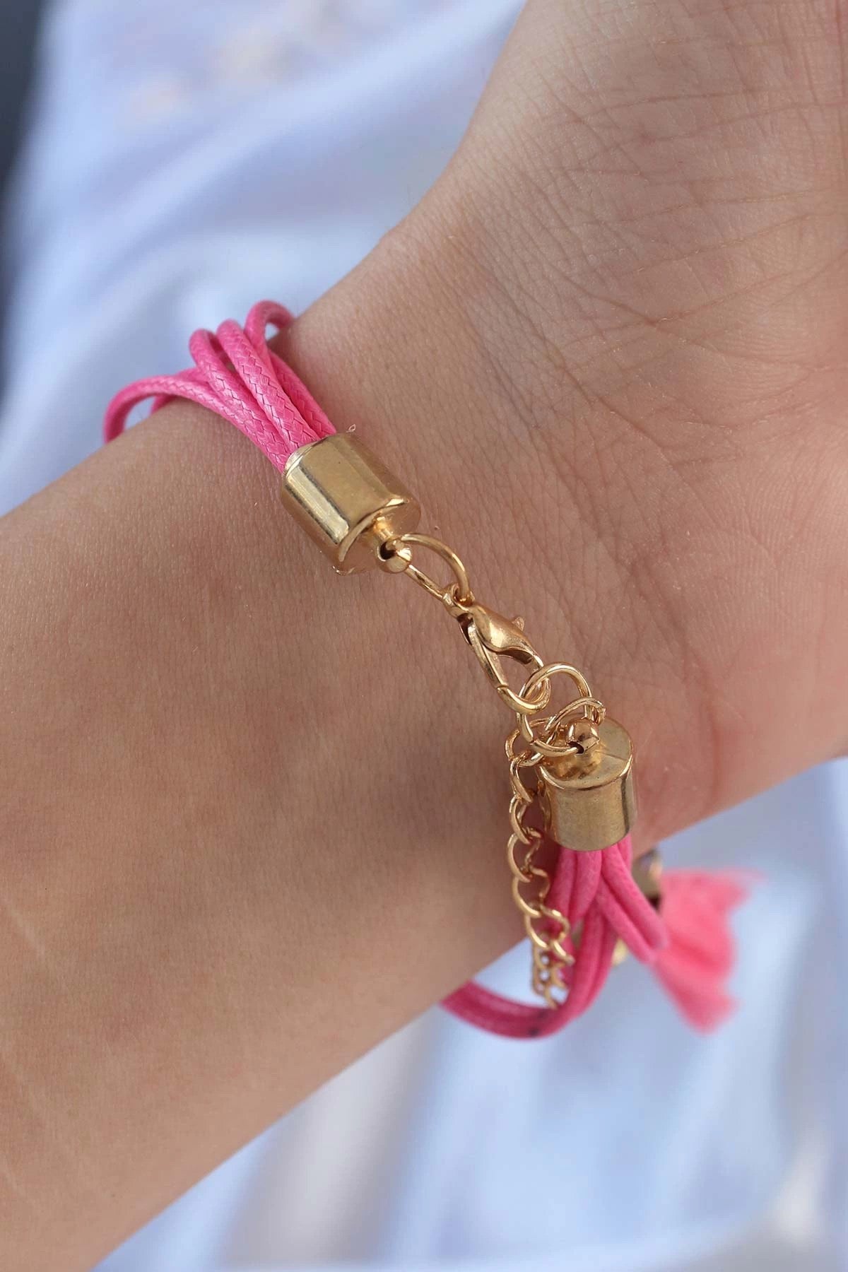Mey İthalat® Pembe Zirkon Taşlı İpli Püskül Detay Çoklu Bileklik