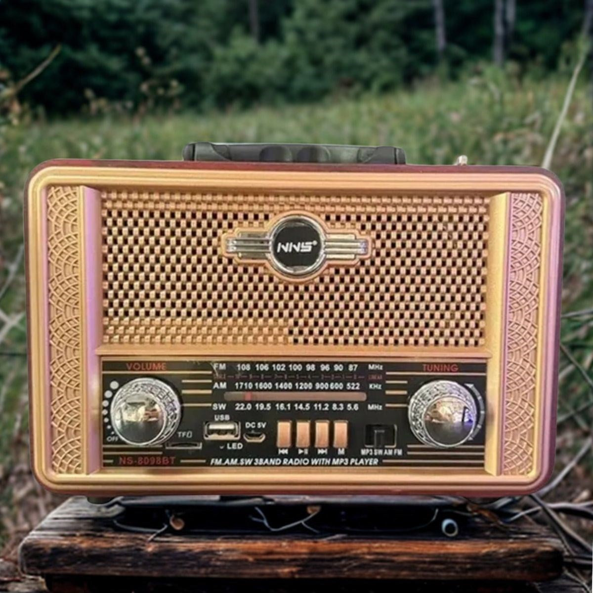Retro, Nostaljik, Ahşap Tasarım Bluetooth Hoparlörlü, Şarjlı, Taşınabilir Otantik Tasarımlı FM/AM Destekli Radyo NS8098