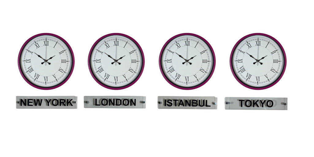 Pembe Modern 36 Cm 4 lü Tabelalı Dünya Saatleri