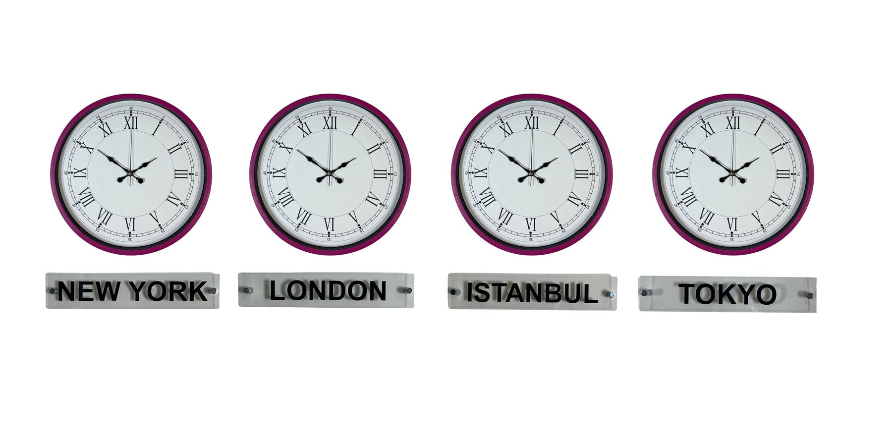 Pembe Modern 36 Cm 4 lü Tabelalı Dünya Saatleri