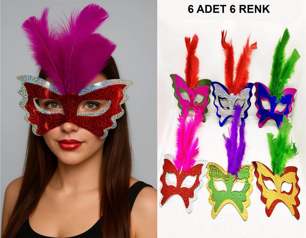 Mey İthalat® Renkli Parti Maskesi 6&amp;#39;lı | Tüylü Karton Maske Seti (Lastikli)