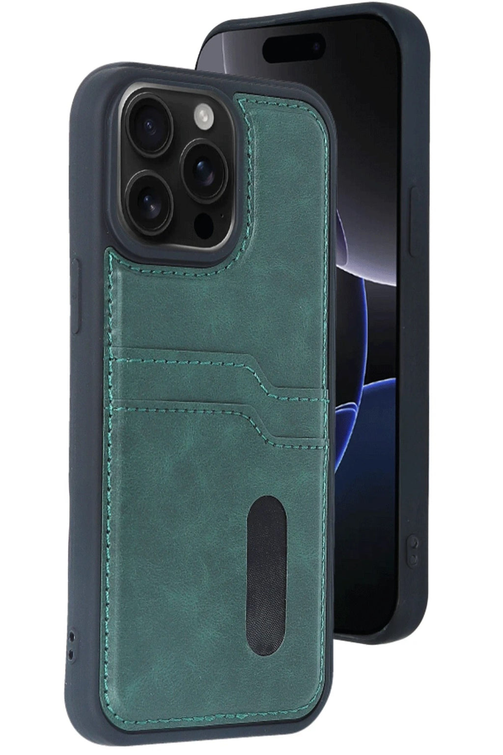Mey İthalat® iPhone 15 Pro Max Kılıf Sara Kartvizitli Deri Kılıf - Koyu Yeşil