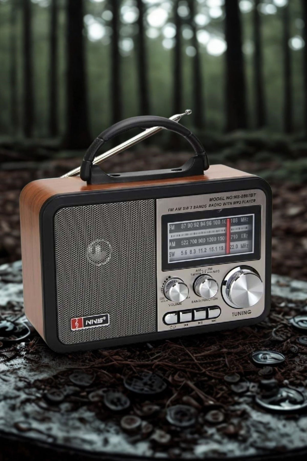 Orta Boy Retro, Nostaljik, Ahşap Tasarım Bluetooth Hoparlörlü, Şarjlı, Taşınabilir FM/AM Destekli Radyo NS-8897