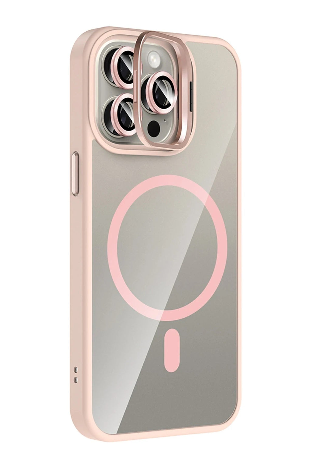 Mey İthalat® iPhone 15 Pro Max Remim Lensli Magsafe Standlı Kapak - Pembe