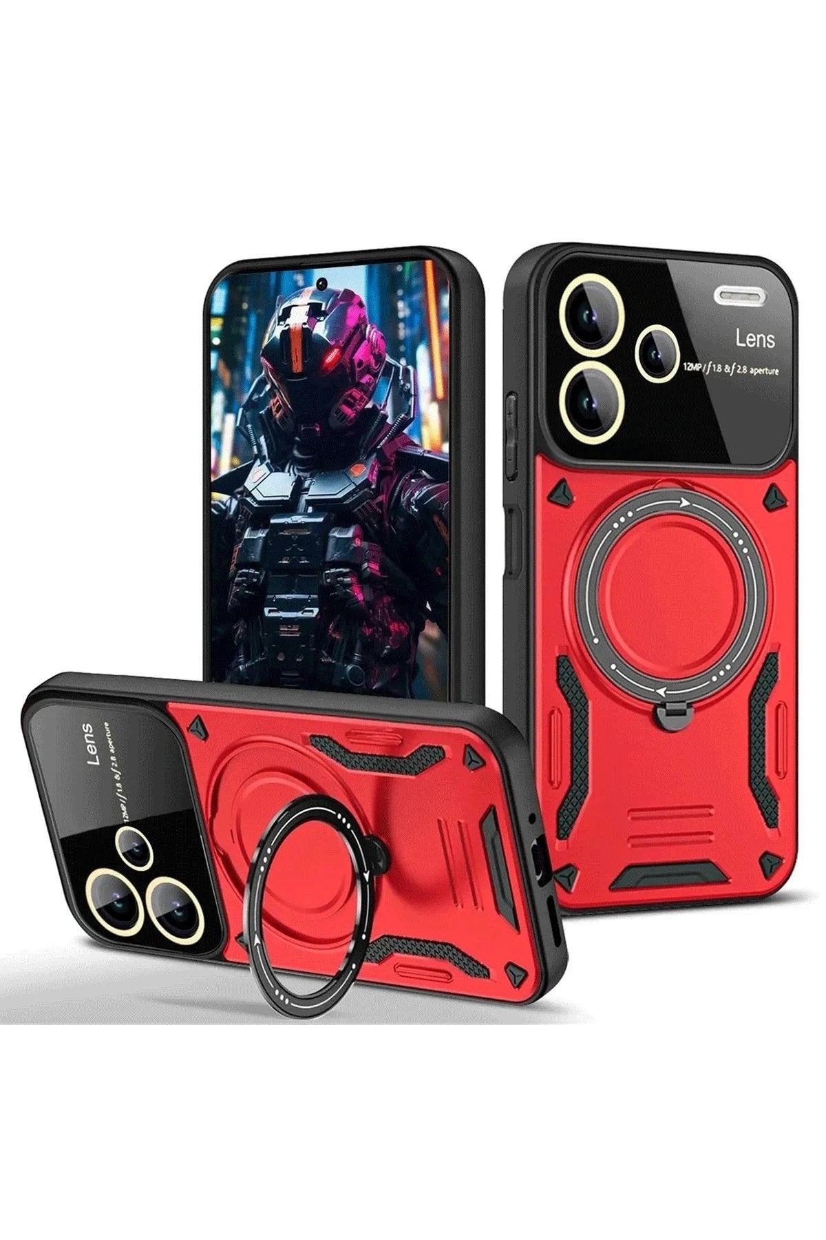 Mey İthalat® Redmi Note 13 Pro Plus Joy Lens Standlı Kapak - Kırmızı