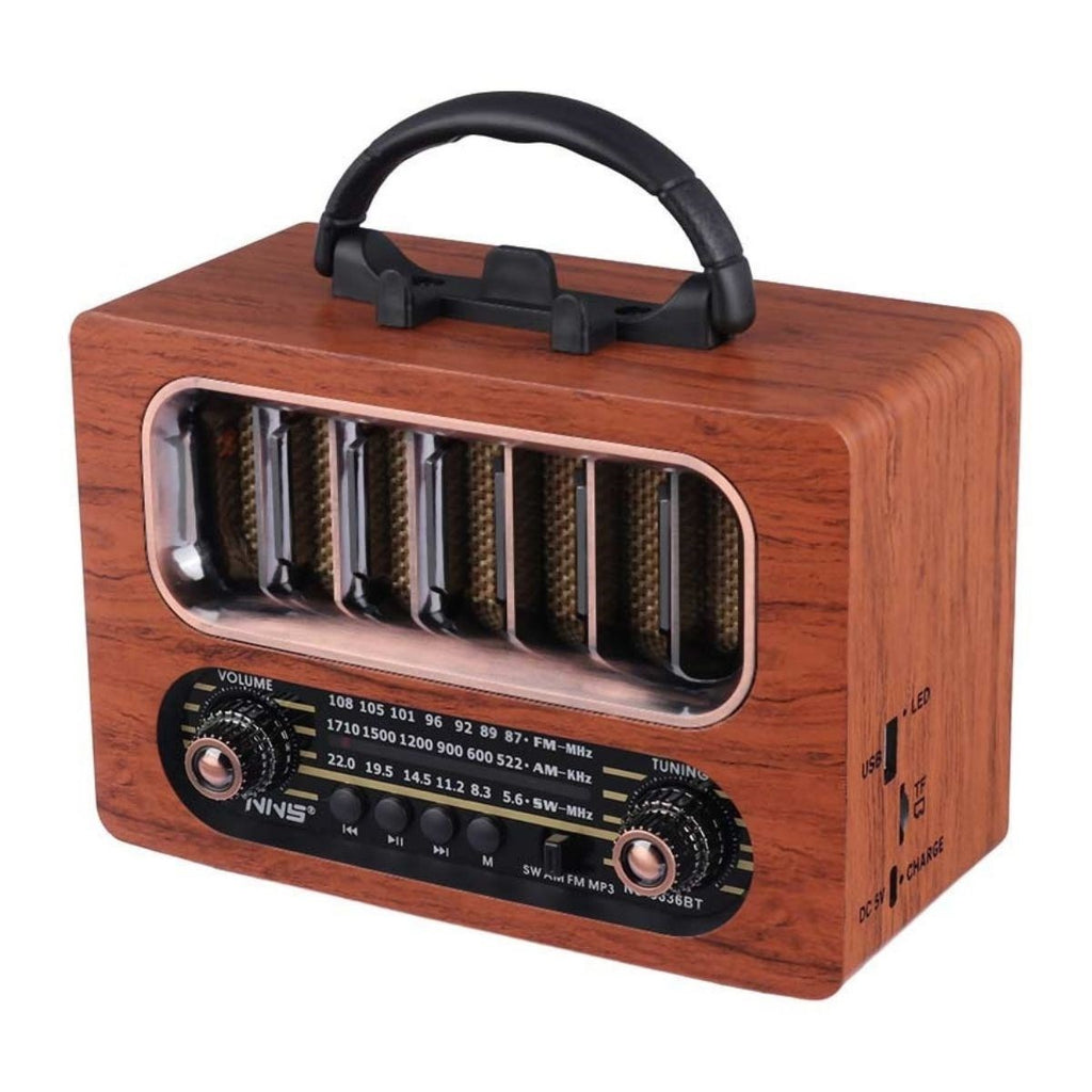 Orta Boy Retro Ahşap Tasarım Bluetooth Hoparlörlü Radyo – FM/AM Destekli, Şarjlı ve Taşınabiliri Radyo NS-6636