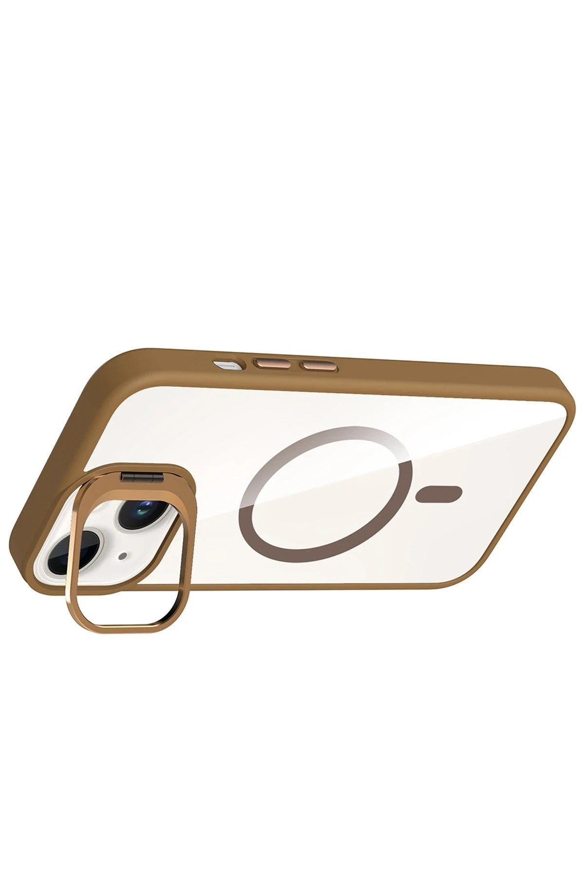 Mey İthalat® iPhone 14 Remim Lensli Magsafe Standlı Kapak - Kahverengi