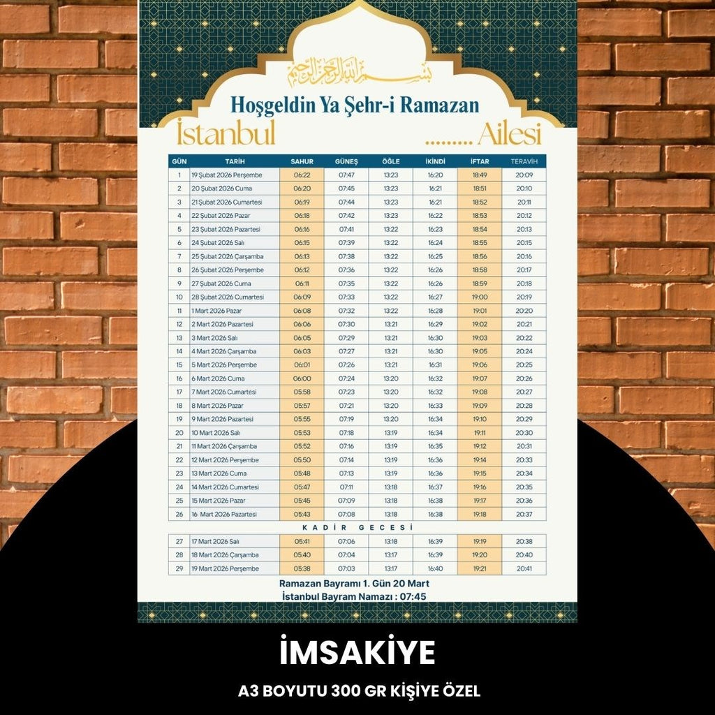 Ramazan İmsakiyesi - 300 Gr - A3 Boyut Kişiye Özel İsimli & Logolu 1 Adet Sarı
