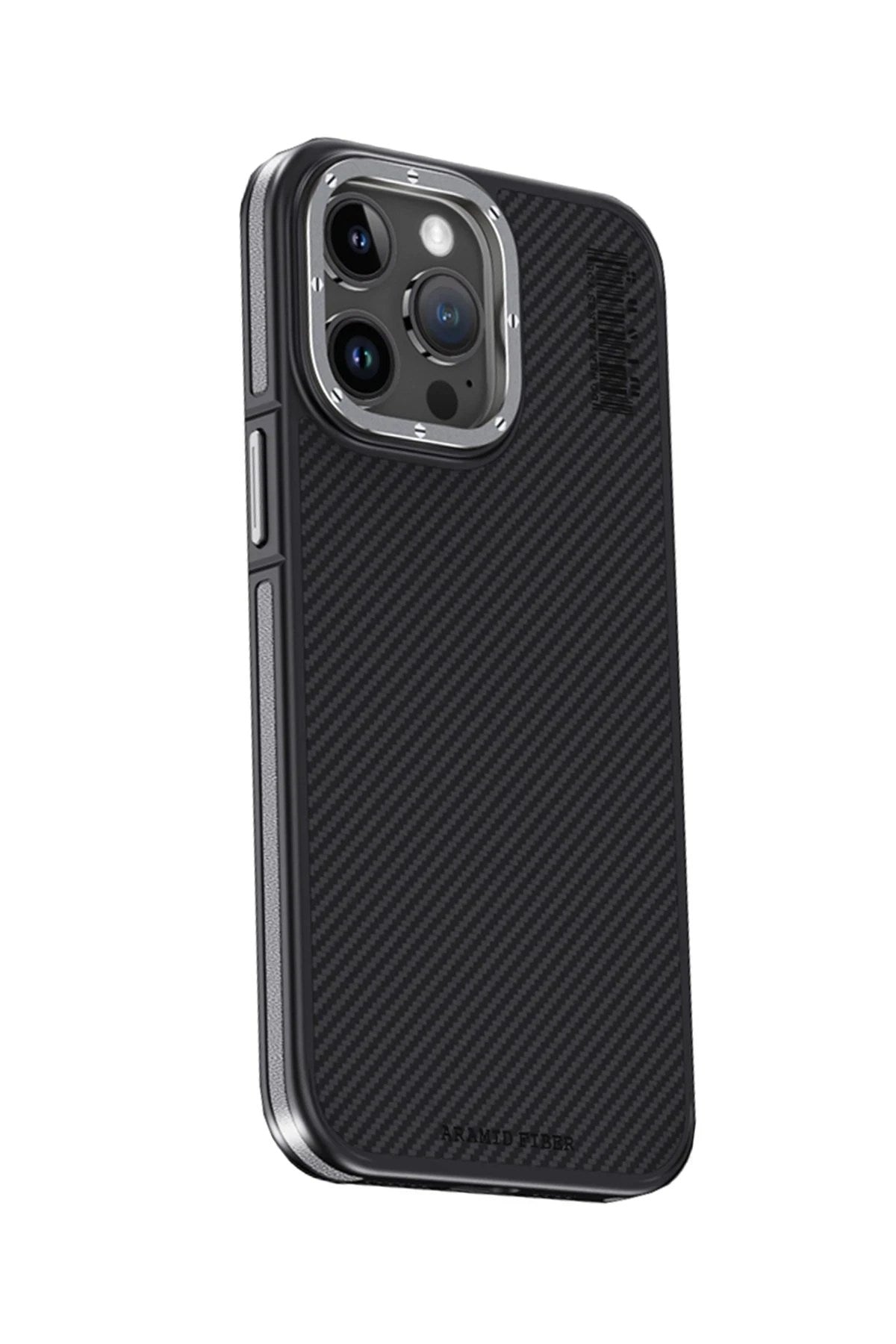 Mey İthalat® iPhone 15 Pro Kılıf Aramid 600D Kevlar Karbon Fiber Magsafe Kapak - Gri