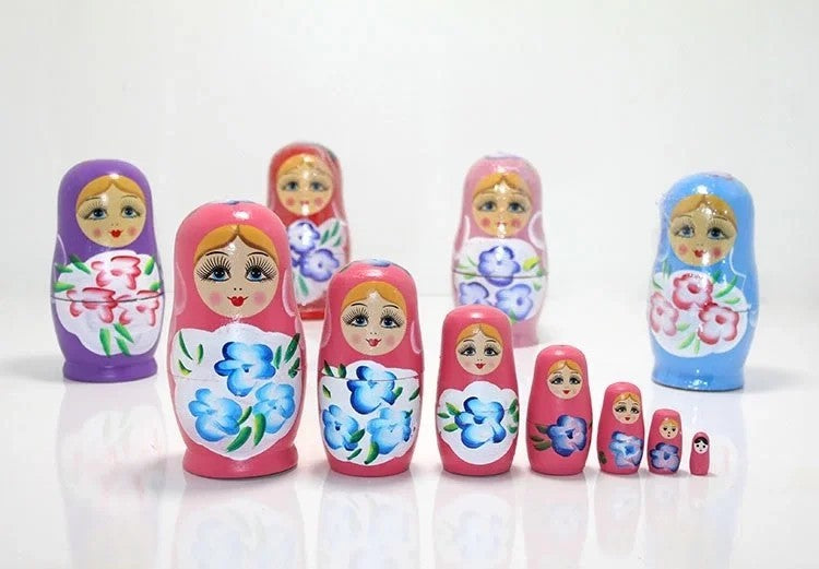 7'li Ahşap Matruşka Bebek Seti - 16 cm El Yapımı Dekoratif Hediyelik Takım