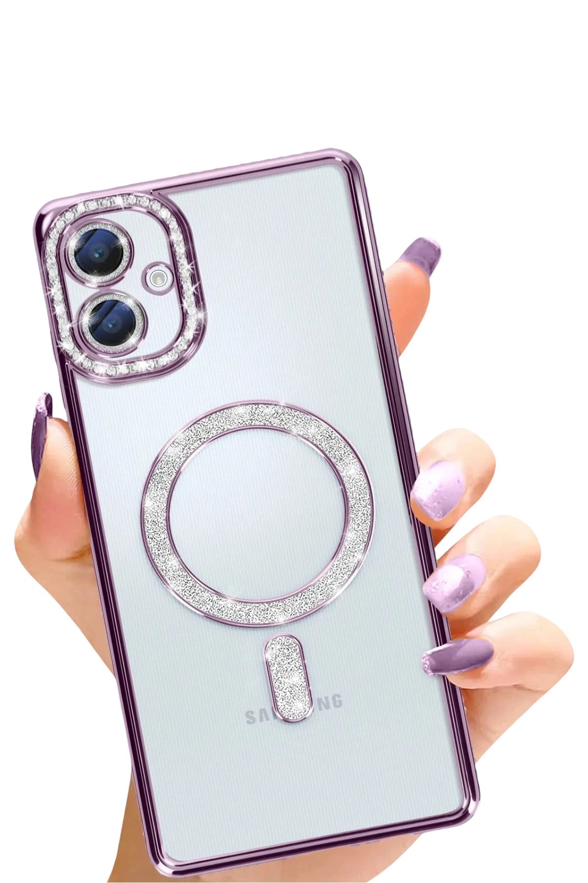 Mey İthalat® Samsung Galaxy A06 Joke Simli Magneticsafe Kılıf - Derin Mor